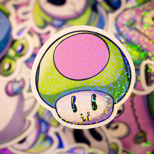 Holographic Glitter SpkXEvl x Mario Villain Mashup One Up Mushroom Sticker